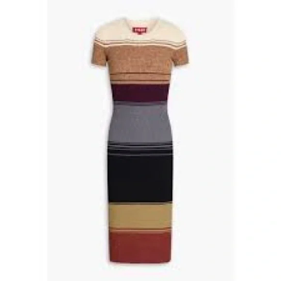 STAUD Colleen Colorblock Rib Sweater Dress Sahara Stripe Striped Midi Bodycon M - Picture 3 of 9